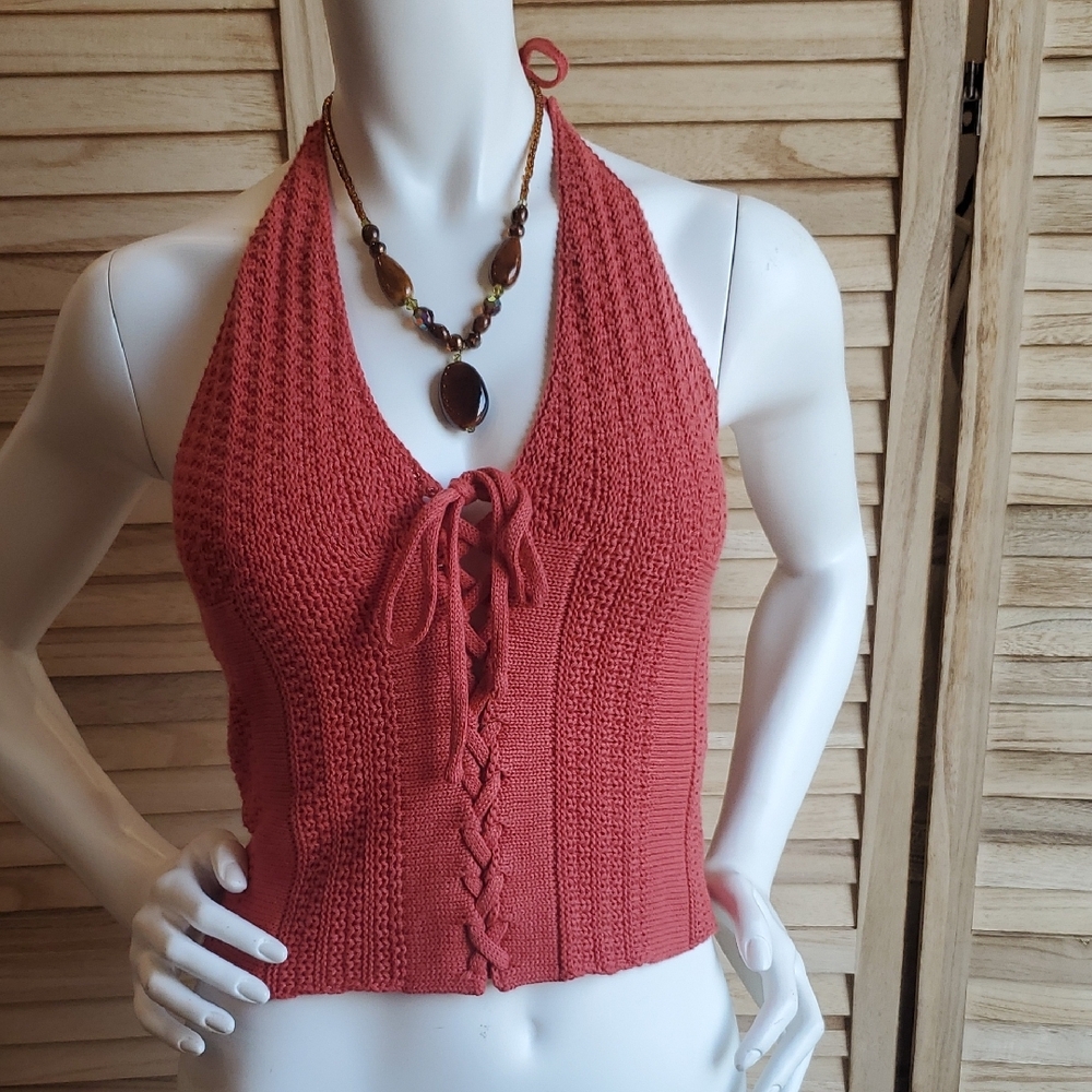 NWT Forever 21 Halter Knit Crochet Bohemian Tie front Top Sz S